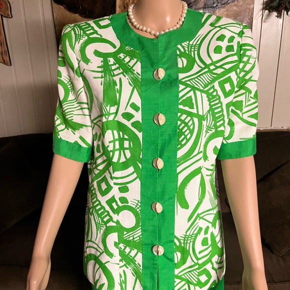 Gene Roye • Vintage • Silk • Lime Green / White • Geometric • Size 12 • Dress - Picture 7 of 16